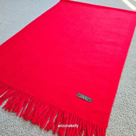 Wool/Cashmere Red Scarf with Fringe Virgin Wool - Picture 3 of 13